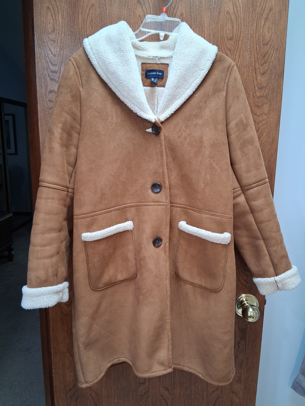 Lands' End Camel Faux-Suede Coat with Cream Sherpa Trim